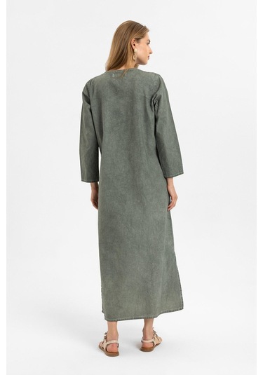 Haki İşlemeli Uzun Kollu Astarsız Pamuklu Uzun Elbise-hakı