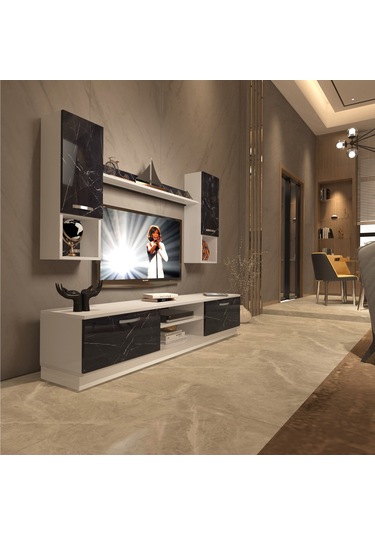 Decoraktiv Eko 5dab Mdf Dvd Tv Ünitesi Tv Sehpası Beyaz - Siyah Mermer