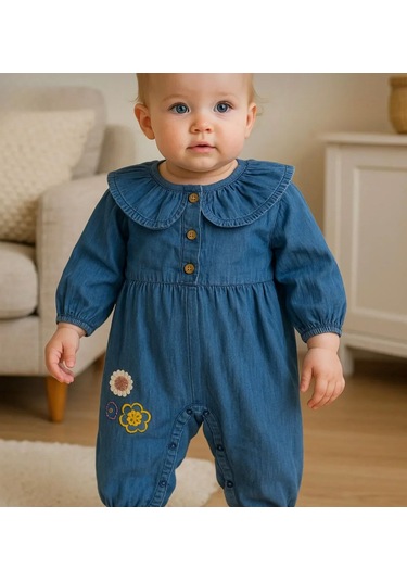 Kız Bebek Nakışlı Pamuklu Sevimli Kot Tulum Kot Mavi