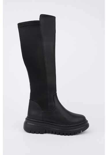 Muggo Nerox Kalın Taban Streç Detaylı Fermuarlı Kadın Çizme - Siyah