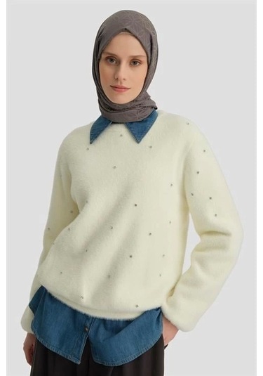 Armine Taş Detaylı Kazak 24kd2806 Aytaşı Krem