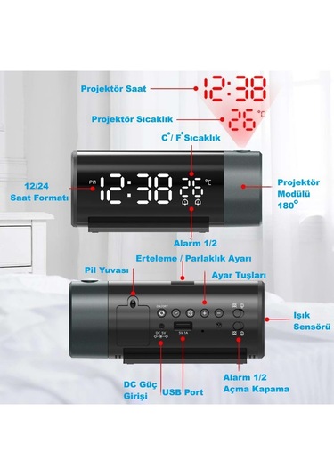 Modern Projeksiyonlu Silindir Led Çalar Saat Dijital Ekran, Usb, Sıcaklık & Çift Alarm Siyah