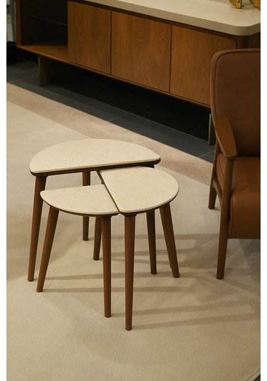 Roma 3'lü Zigon Sehpa %100 Mdf Yarım Ay Traverten