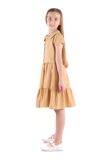Ahengim Kız Çocuk Düğmeli Yaka Nakışlı Elbise Trend Pamuklu Pamuklu Ak2523 Kahverengi