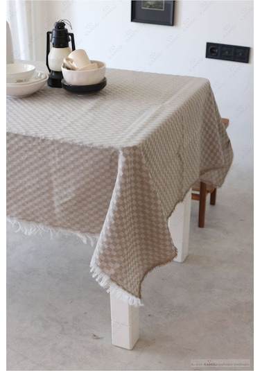1 Adet 130x170cm Dama Desenli Masa Örtüsü, Sofra Bezi, Piknik Örtüsü, Ekose Desenli Masa Örtüsü Bej