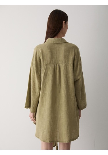 Haki Flam Keten Kimono Gömlek Haki