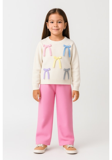 Kız Çocuk Aplike Fiyonk Detaylı Triko Alt Üst Takım 2 Parçalı Takım Fiyonk