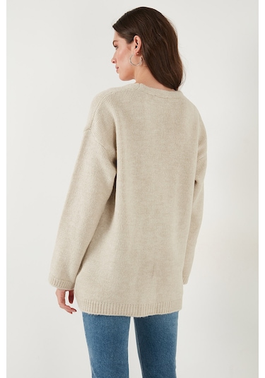 Lela Regular Fit V Yaka Düğmeli Triko Bayan Hırka 4616229 Taş