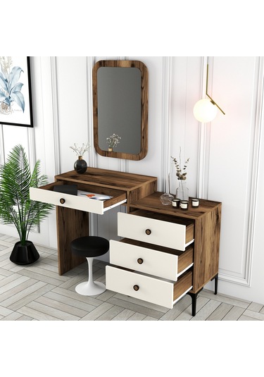 Lizbon Makyaj Masası Aynalı - Ceviz / Krem