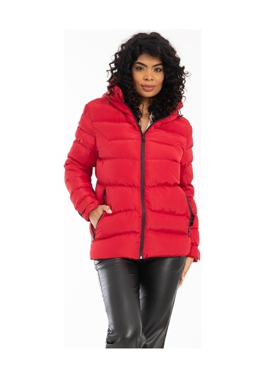 Kadın Kırmızı Kapüşonlu Içi Polarlı Kürklü Su Geçirmez Rüzgara Dayanıklı Şişme Mont Kırmızı