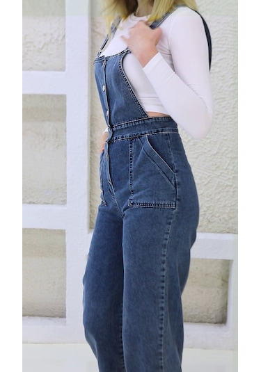 Önden Düğmeli Enzim Kumaş Salopet & Tulum Mavi