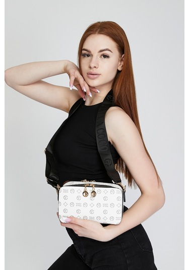 Morpelikan Beyaz Monogram İki Bölmeli Kolon Askılı Omuz Çantası Beyaz