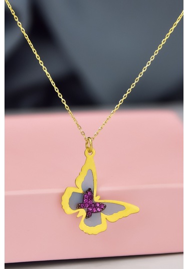 925 Ayar Gümüş Gold Kaplama Rüya Serisi Cam Boyalı İç İçe Kelebek Kolye