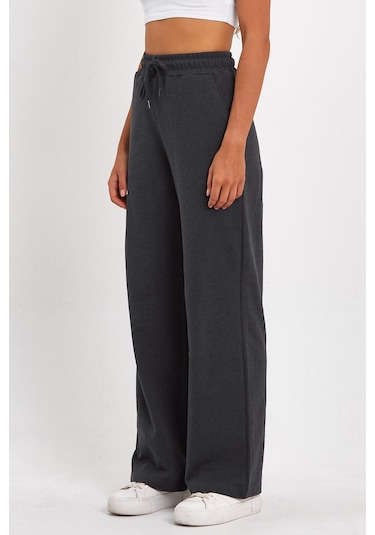 MMetalic Kadın Mevsimlik Salaş Geniş Rahat Paça Yan Cepli Siyah Eşofman Altı 001 Antrasit