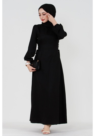 Yanı Bağcıklı Keten Elbise-siyah-3364-beyaz Beyaz