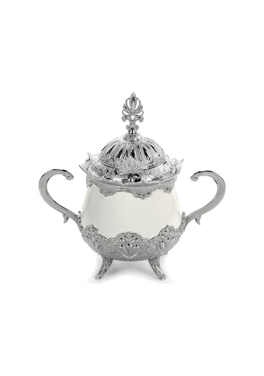 Kapaklı Ve Kaşıklı Lüks Porselen Şekerlik Lokumluk Gümüş
