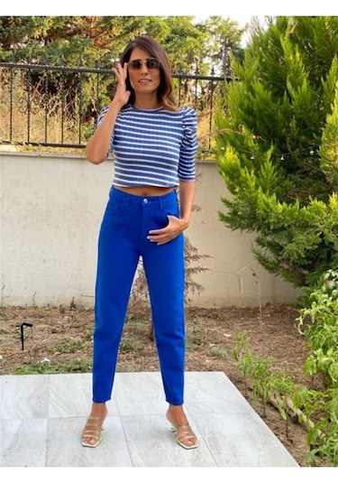 Forlady Mavi Beyaz Çizgili Crop (541867403)