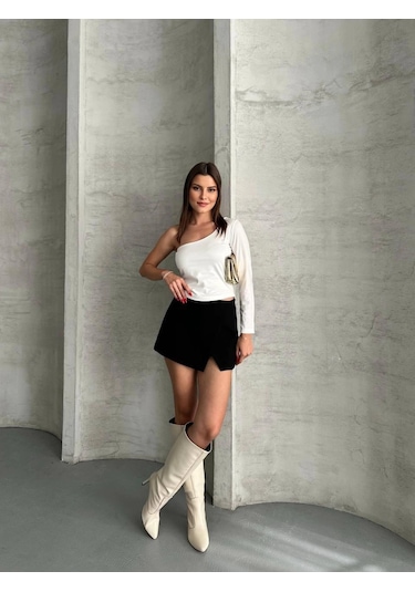 Kadın Beyaz Tek Omuz Uzun Kollu Bluz