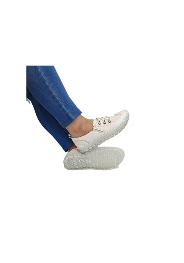 Voyager 9871 Beyaz Hakiki Deri Boncuklu Bayan Ayakkabı Beyaz