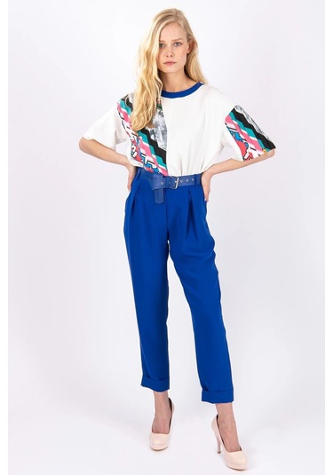 Kadın Asimetrik Desenli Kısa Kollu Bluz Frn1006 Mavi