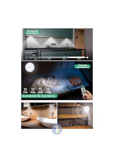 Technojet 3adet Akıllı Hareket Sensörlü Kumandalı Usb Şarj Kablosuz Spot Led Beyaz Işık Gece Lambası