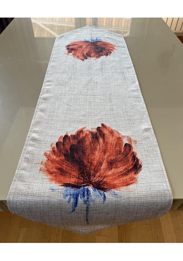 Kremit Çiçek Desenli Keten Dokulu 35 135 Cm Runner Çok Renkli