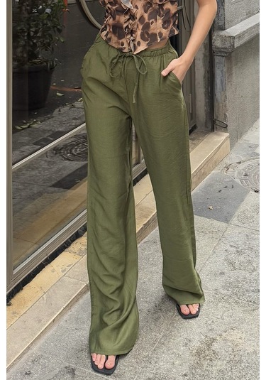 Pembe Keten Karışımlı Bol Kesim Pantolon Haki