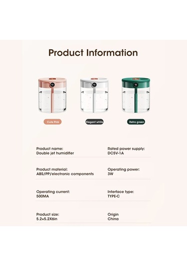 Myinkai Yeni 2l Çift Sprey Nemlendirici Usb Büyük Kapasiteli Ev