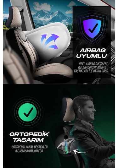 Bej - Siyah Panda Dragon Serisi Dokuma Kumaş Oto Koltuk Kılıfı - Tam Set