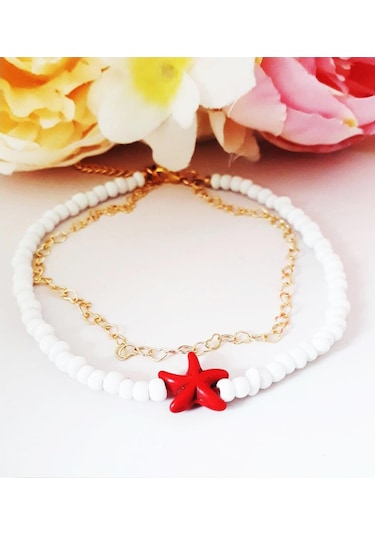 Altın Kaplama Kalpli Zincir Beyaz Kesme Boncuk İkili Kadın Deniz