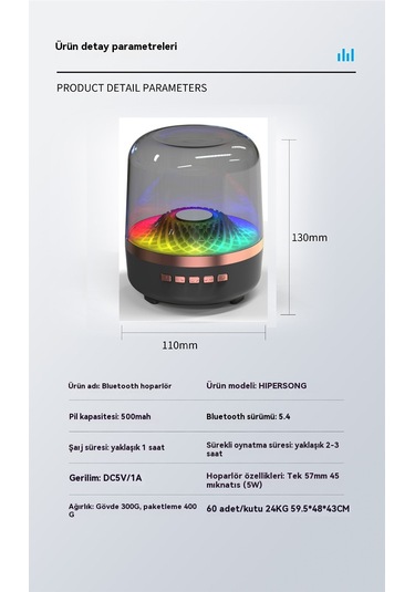 Masaüstü Renkli Rgb Işıklı Cam Kristal Kablosuz Bluetooth Hoparlör