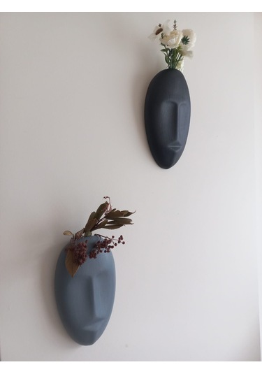 Dekoratif 2'li Yüz Duvar Vazosu, Duvar Süsü ,heykel Aksesuar Siyah Gri