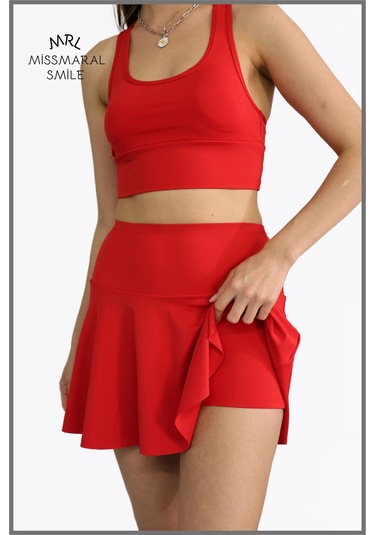 Kırmızı Etek Içi Sabit Şortlu Lycralı Yüksek Bel Skirt With Shorts Casual Beachwear Tennis 1101 Kırmızı