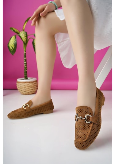 Muggo Phuket Garantili Metal Tokalı Lazerli Nefes Alabilen Deri Kadın Loafer Günlük Ayakkabı Taba