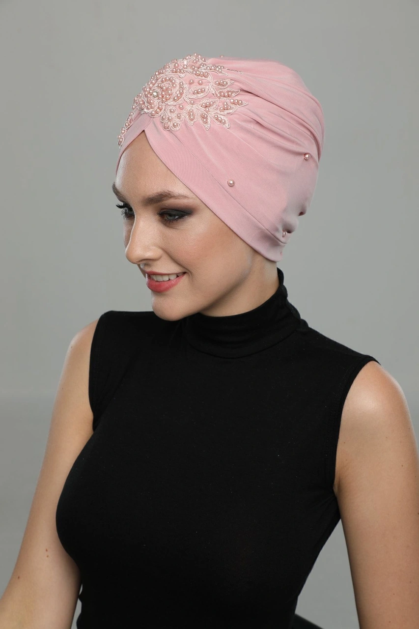 Kopma Astarlı Işlemeli Pudra Gül Motifli Hazır Türban Tesettür Abiye Bone Pudra Gül