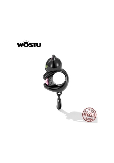 Wostu 925 Ayar Gümüş Sevimli Küçük Siyah Kedi Takılar Boncuk Pembe Kalp Zirkon Kadınlar İçin Fit Orijinal Dıy Bilezik Takı Hediyeler Siyah - Gümüş