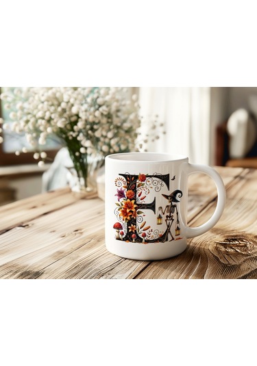 E Harfi Şapkalı İskelet Figürlü Ve Çiçekli Kupa Bardak - Cadılar Bayramı / Halloween Özel Hediye Beyaz