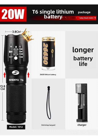 Springsun Alüminyum Dayanıklı Led El Feneri - 20w 2500mah 26650 Li-poly Pil, 200-500m Uzak Ateş, Taşınabilir Ev Ve Outdoor Kullanıma Uygun