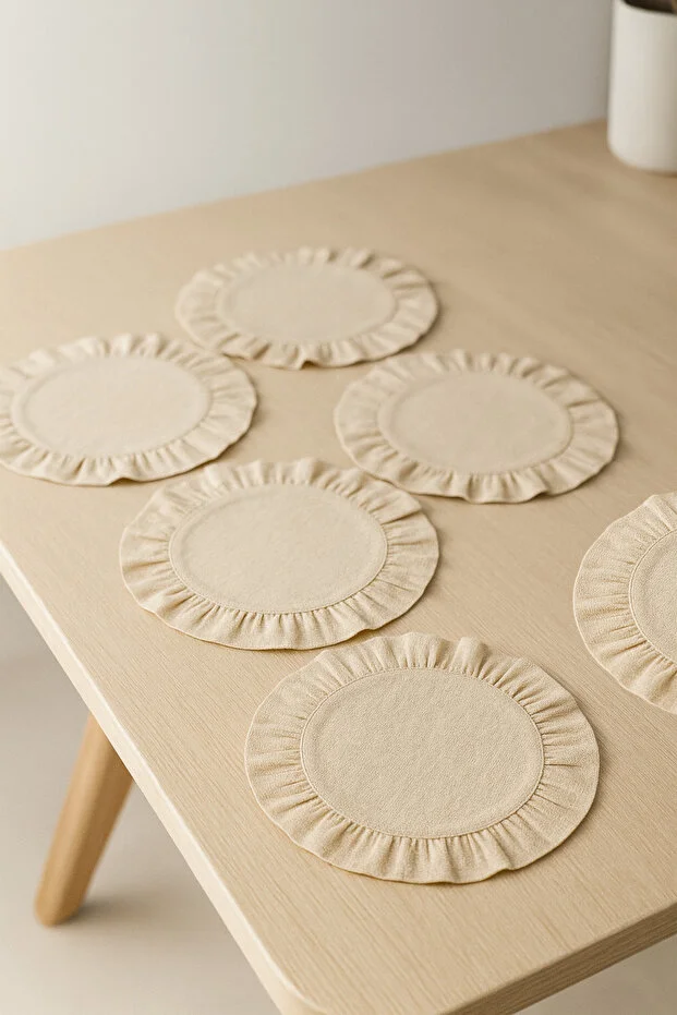 Yunusoğlu Home Pamuklu Fırfırlı Supla 6'lı Set Amerikan Servis 33 Cm Çap Supla 6'lı Bej