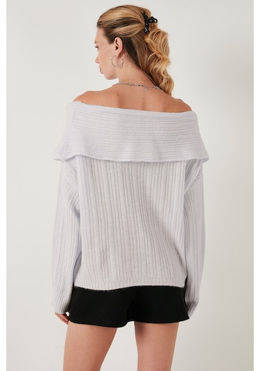 Lela Oversize Fit Madonna Yaka Triko Bayan Kazak 4615216 Açık Gri