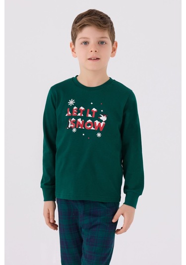 Arnetta 3131 Noel Let İt Snow Erkek Çocuk Yeşil Uzun Kol Pijama Takım Yeşil