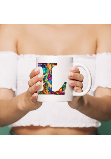 L Harfi Bardak 330 Ml İsme/harfe Özel Hediye, Renkli Harf Tasarım Beyaz