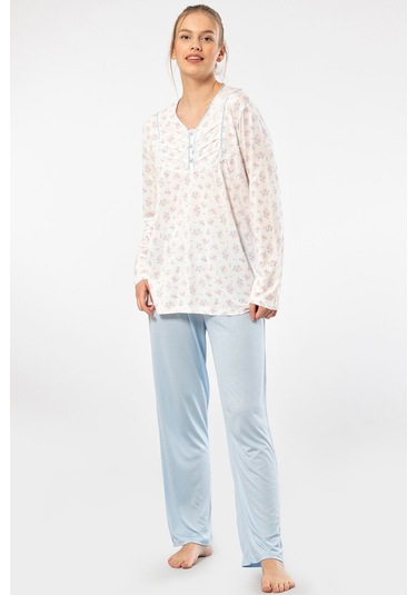 Türen 3366 Kadın Büyük Beden Uzun Kollu Pijama Takım-mavi Mavi