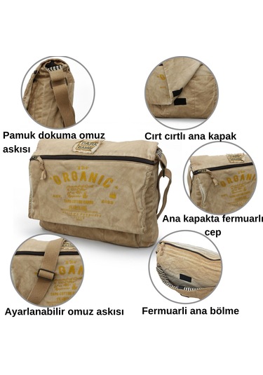 Dark Cotton 8128 Salaş Kanvas Omuz Postacı Siyah Antrasit 15.6" Laptop Okul Seyahat Günlük Vintage Pamuk Çanta Açık Camel