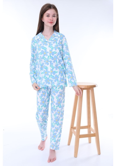 Zuzunga Mavi Papatya Desenli Düğmeli %100 Pamuk Kız Çocuk Pijama Takımı Mavi