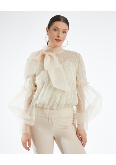 Desenli Transparan Kadın Bluz - Fiyonk Detaylı - Balon Kollu - Modern Ve Şık Tasarım - Özel Gün Ve Davet İçin Bluz Pudra