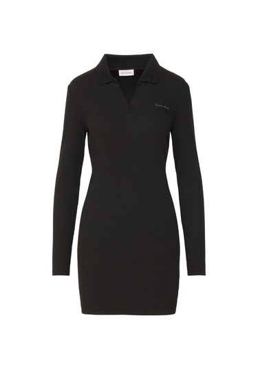 Ls Monologo Rib Polo Mini Siyah Kadın Elbise-9158 Siyah