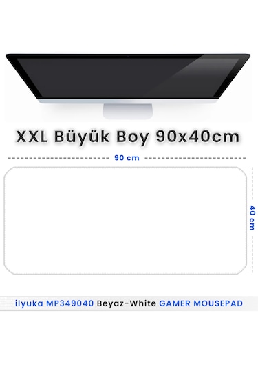 90x40cm Logosuz Beyaz Xxl Büyük Boy İlyuka Gaming Oyuncu Mousepad