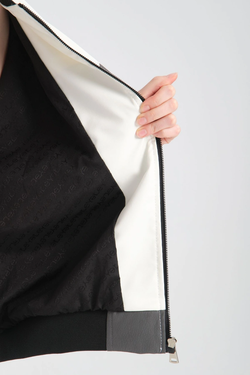 Kadın Oversize Baskılı Deri Motorcu Montu Fermuarlı Yarışçı Ceket Astarlı Bomber Kolej Mont Gri