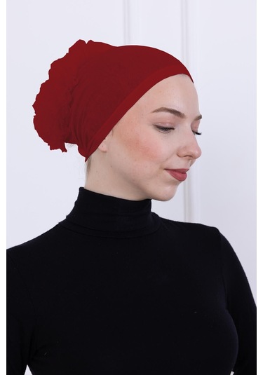 Fırfırlı Önden Dikişli Penye Bone - Kadın Tesettür Bağlamalı Topuz İç Bone-bordo Bordo